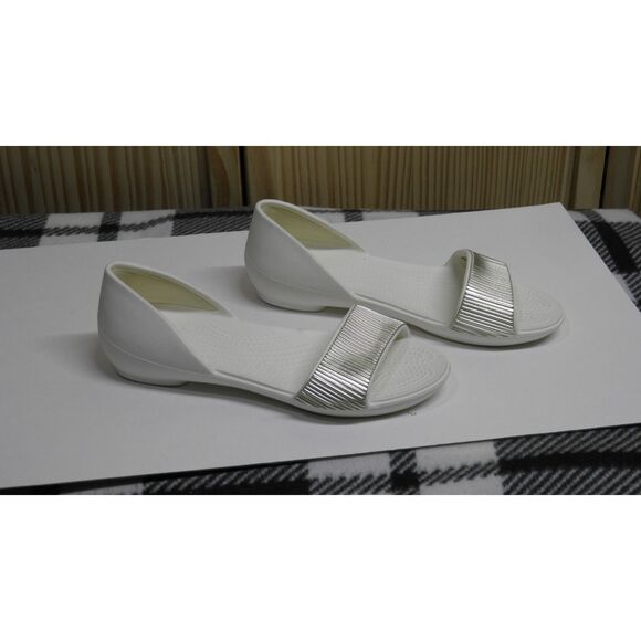 Crocs White Slip On Sandals With Silver Ridged Detail Size 6 - Picture 4 of 5